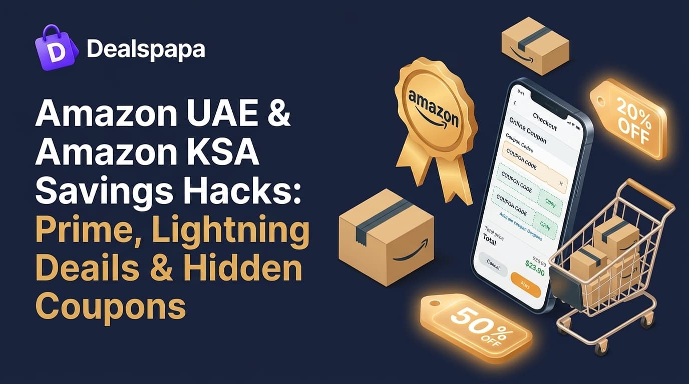 دليل التوفير في أمازون السعودية والإمارات مع شعار ديلز بابا