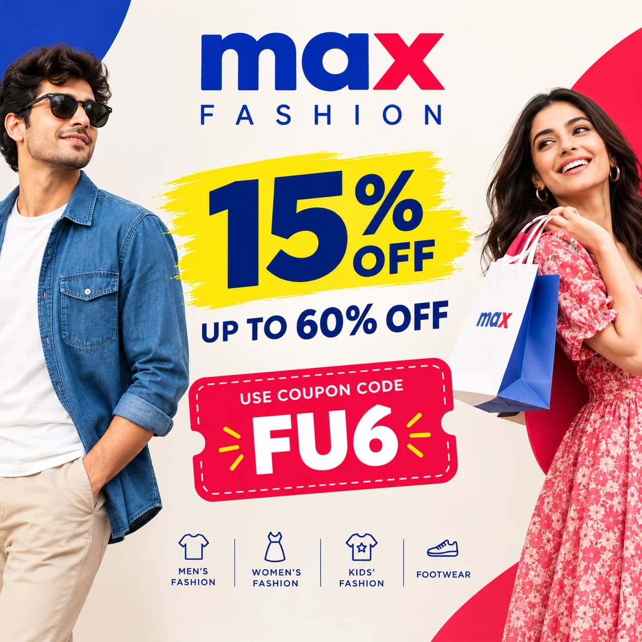 Max Fashion 15% off coupon code FU6 - Dealspapa