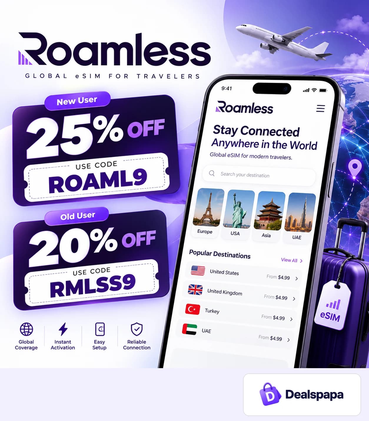 Roamless eSIM promo codes ROAML9 25% off new users and RMLSS9 20% off existing users - Dealspapa